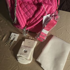 Pink Quilted Purse And Accessories